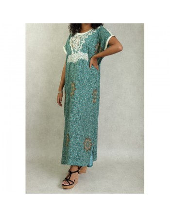 Robe longue imprimée à motifs fleuris arabesques et broderies pour femme - Couleur Vert 