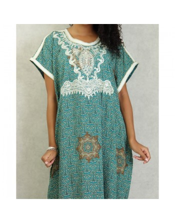 Robe longue imprimée à motifs fleuris arabesques et broderies pour femme - Couleur Vert 