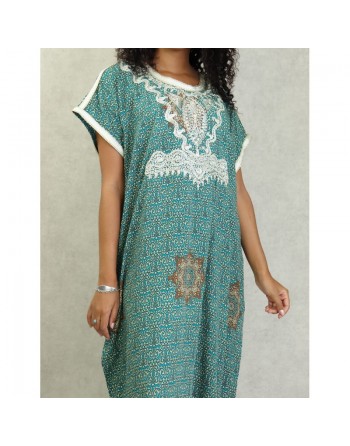 Robe longue imprimée à motifs fleuris arabesques et broderies pour femme - Couleur Vert 