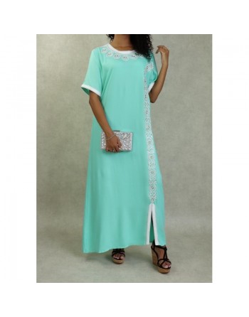Robe orientale algérienne à manches courte brodée et perlée pour femme - Couleur Vert d'eau 