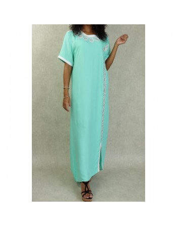Robe orientale algérienne à manches courte brodée et perlée pour femme - Couleur Vert d'eau 
