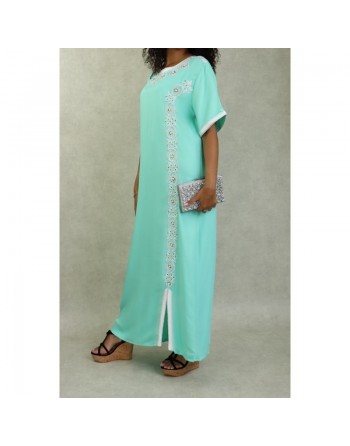 Robe orientale algérienne à manches courte brodée et perlée pour femme - Couleur Vert d'eau 
