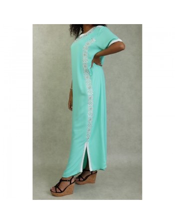 Robe orientale algérienne à manches courte brodée et perlée pour femme - Couleur Vert d'eau 