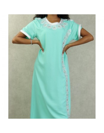 Robe orientale algérienne à manches courte brodée et perlée pour femme - Couleur Vert d'eau 