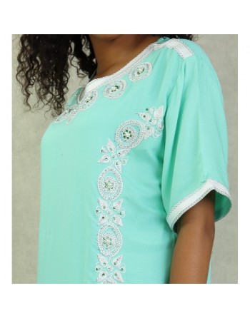 Robe orientale algérienne à manches courte brodée et perlée pour femme - Couleur Vert d'eau 
