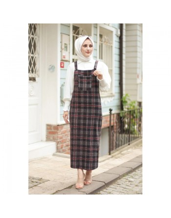 Robe combinaison-salopette à carreaux (Vetement Hijab pour femme) - Couleur gris et bordeaux 