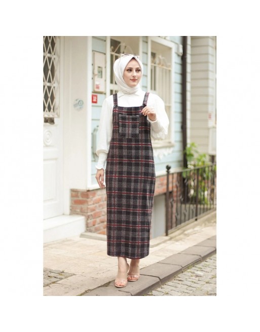 Robe combinaison-salopette à carreaux (Vetement Hijab pour femme) - Couleur gris et bordeaux Robe combinaison-salopette à carreaux (Vetement Hijab pour femme) - Couleur gris et bordeaux