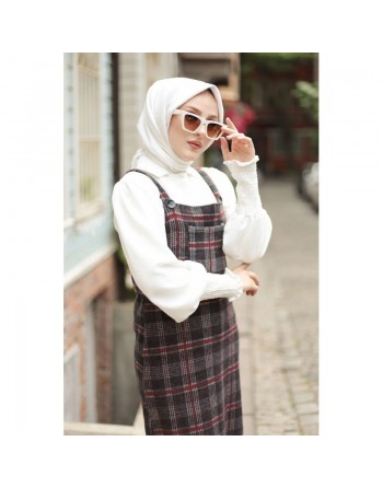 Robe combinaison-salopette à carreaux (Vetement Hijab pour femme) - Couleur gris et bordeaux 