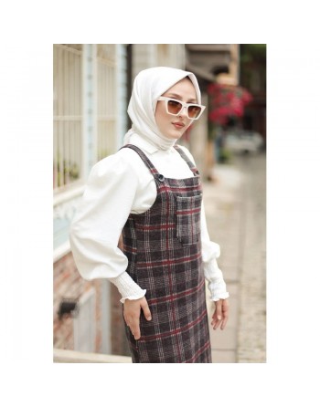 Robe combinaison-salopette à carreaux (Vetement Hijab pour femme) - Couleur gris et bordeaux 