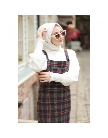 Robe combinaison-salopette à carreaux (Vetement Hijab pour femme) - Couleur gris et bordeaux 