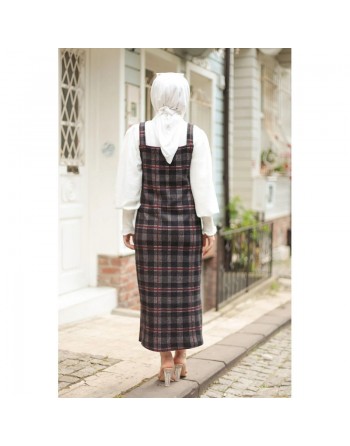 Robe combinaison-salopette à carreaux (Vetement Hijab pour femme) - Couleur gris et bordeaux 