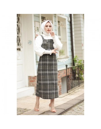 Robe Salopette à carreaux (Tenue Hijab habillée pour femme voilée) - Couleur gris anthracite et kaki 
