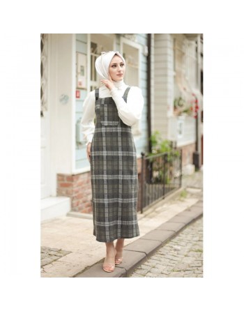Robe Salopette à carreaux (Tenue Hijab habillée pour femme voilée) - Couleur gris anthracite et kaki 