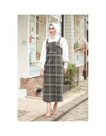 Robe Salopette à carreaux (Tenue Hijab habillée pour femme voilée) - Couleur gris anthracite et kaki 