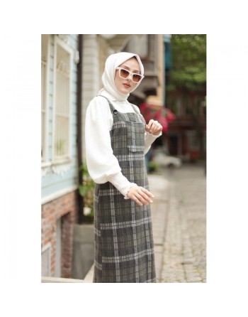 Robe Salopette à carreaux (Tenue Hijab habillée pour femme voilée) - Couleur gris anthracite et kaki 
