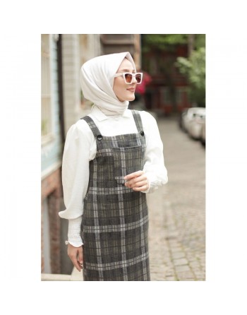 Robe Salopette à carreaux (Tenue Hijab habillée pour femme voilée) - Couleur gris anthracite et kaki 