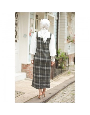 Robe Salopette à carreaux (Tenue Hijab habillée pour femme voilée) - Couleur gris anthracite et kaki 