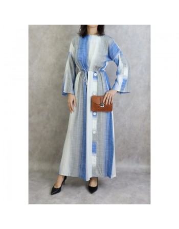 Robe longue pour femme effet tissé de couleur gris clair -  bleu roi et blanc 