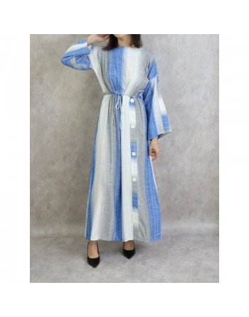 Robe longue pour femme effet tissé de couleur gris clair -  bleu roi et blanc 