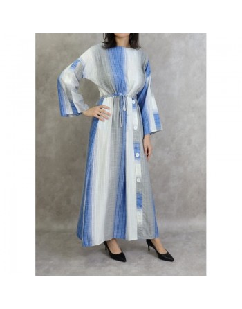 Robe longue pour femme effet tissé de couleur gris clair -  bleu roi et blanc 