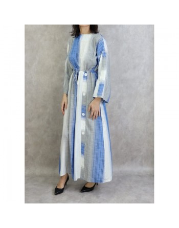Robe longue pour femme effet tissé de couleur gris clair -  bleu roi et blanc 