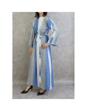 Robe longue pour femme effet tissé de couleur gris clair -  bleu roi et blanc 