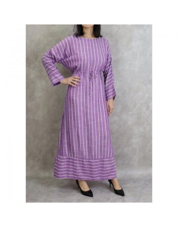 Robe longue en coton à rayures blanches - Couleur violet 