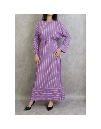 Robe longue en coton à rayures blanches - Couleur violet 