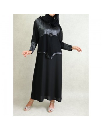 Abaya noire "Dubai" décorée de strass noires avec foulard assorti 