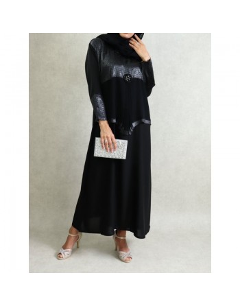 Abaya noire "Dubai" décorée de strass noires avec foulard assorti 