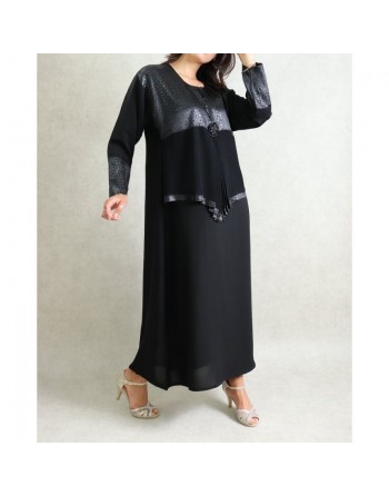 Abaya noire "Dubai" décorée de strass noires avec foulard assorti 