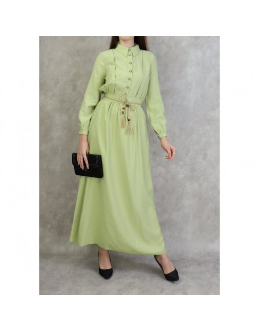 Robe longue avec ceinture tressée de couleur vert amande - Robes casual pour femmes Robe longue avec ceinture tressée de couleur vert amande - Robes casual pour femmes