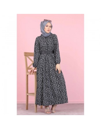 Robe longue boutonnée ample imprimée Nénuphar (Boutique Hijab pour femme voilée) - Couleur sur fond noir fleur grise 