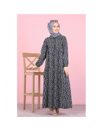 Robe longue boutonnée ample imprimée Nénuphar (Boutique Hijab pour femme voilée) - Couleur sur fond noir fleur grise 