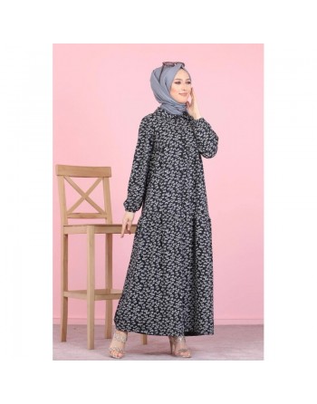 Robe longue boutonnée ample imprimée Nénuphar (Boutique Hijab pour femme voilée) - Couleur sur fond noir fleur grise 