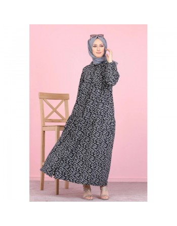Robe longue boutonnée ample imprimée Nénuphar (Boutique Hijab pour femme voilée) - Couleur sur fond noir fleur grise 