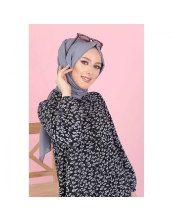 Robe longue boutonnée ample imprimée Nénuphar (Boutique Hijab pour femme voilée) - Couleur sur fond noir fleur grise 