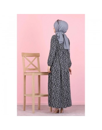 Robe longue boutonnée ample imprimée Nénuphar (Boutique Hijab pour femme voilée) - Couleur sur fond noir fleur grise 