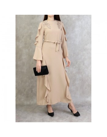 Robe longue à froufrous - Couleur Beige 