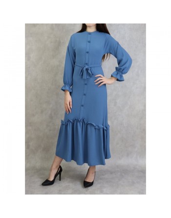 Robe longue à volants pour femme (Robes Turquie en ligne) - Couleur Bleu acier 