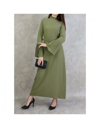 Robe classique et élégante manches plissées - Couleur Kaki clair 