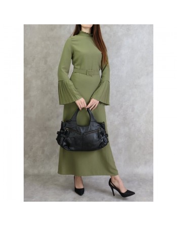 Robe classique et élégante manches plissées - Couleur Kaki clair 