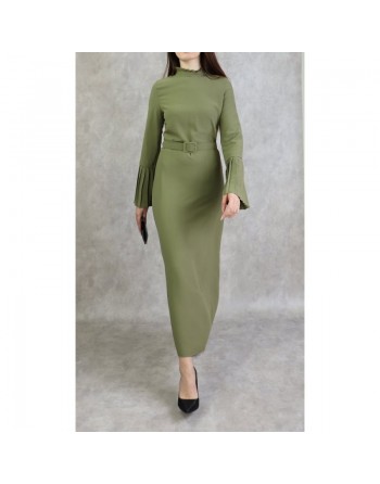 Robe classique et élégante manches plissées - Couleur Kaki clair 