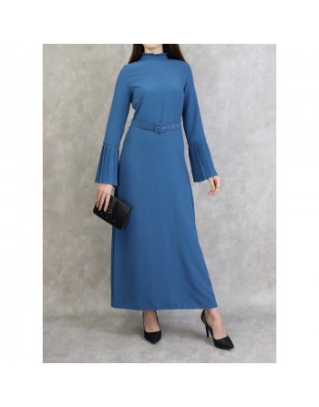 Robe classique et élégante manches plissées - Couleur Bleu acier 