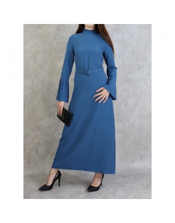 Robe classique et élégante manches plissées - Couleur Bleu acier 