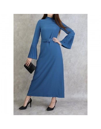 Robe classique et élégante manches plissées - Couleur Bleu acier 