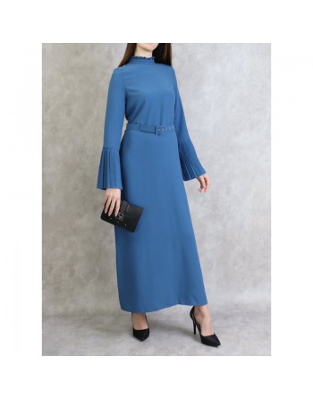 Robe classique et élégante manches plissées - Couleur Bleu acier 