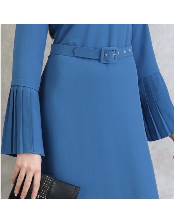 Robe classique et élégante manches plissées - Couleur Bleu acier 