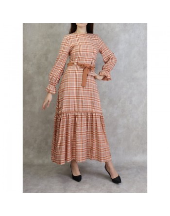 Robe longue à carreaux évasée - Couleur rouille 