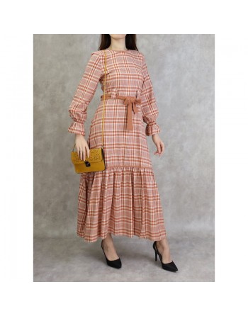 Robe longue à carreaux évasée - Couleur rouille 